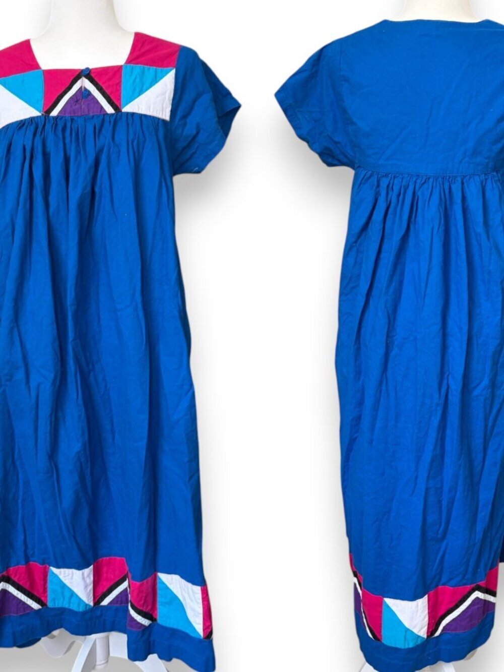 Vintage 1970s Cotton Colorblock Midi Dress With Pockets Medium Blue Pink Purple - Picture 2 of 7